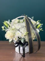 cos funerar cu crin,eustoma,trandafir si crizantema